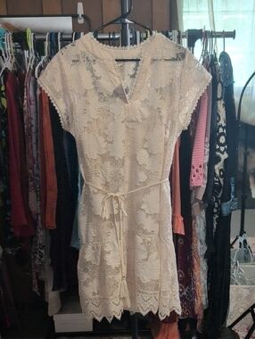Cloth And Portrait Cream Lace Embroidered Belted Dress NWT